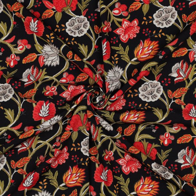 Hovedbilde Viskose, stretch - blomster, rød-oransje