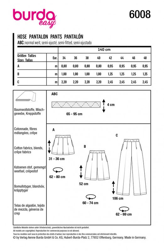 6008 - Burda - lang bukse, bermuda, shorts