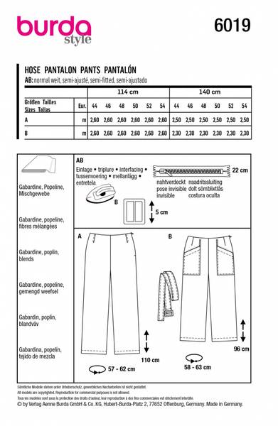 Bilde av 6019 - Burda 44-54 - bukse m/u lommer & belte
