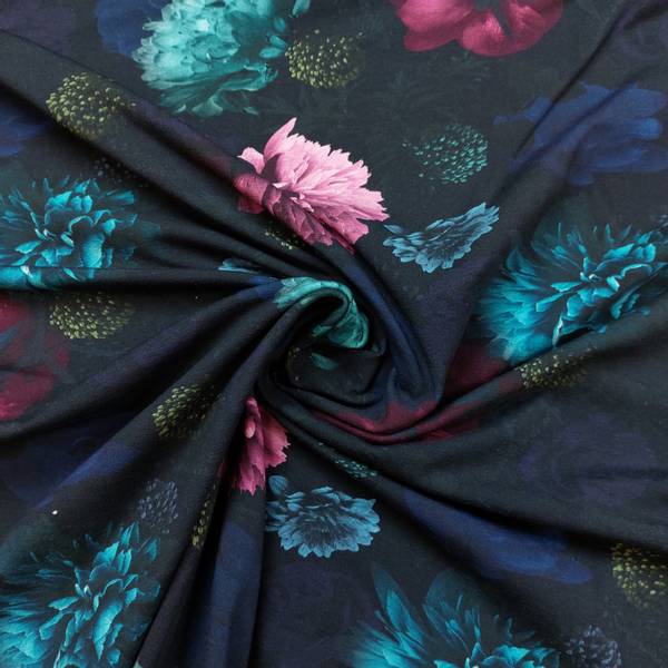 Bilde av Bomullsjersey - dahlia blomst på sort
