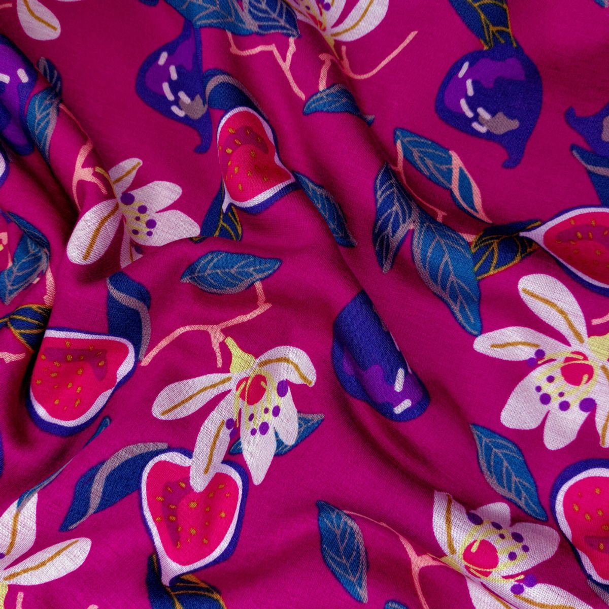 Isoli Minky - blomster/frukt, fuksia