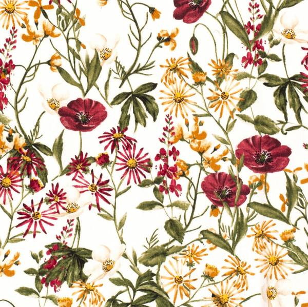 Bilde av Vevd viskose - rød/oransje blomster på offwhite