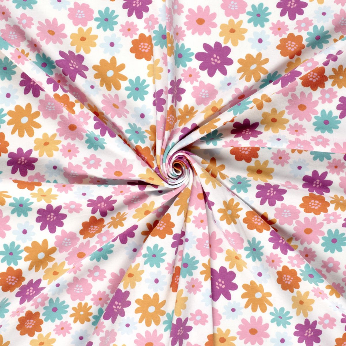 Bomullsjersey - flerfargete blomster på offwhite