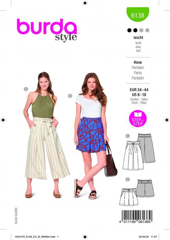 6138 - Burda - Bukse/shorts m/ vidde
