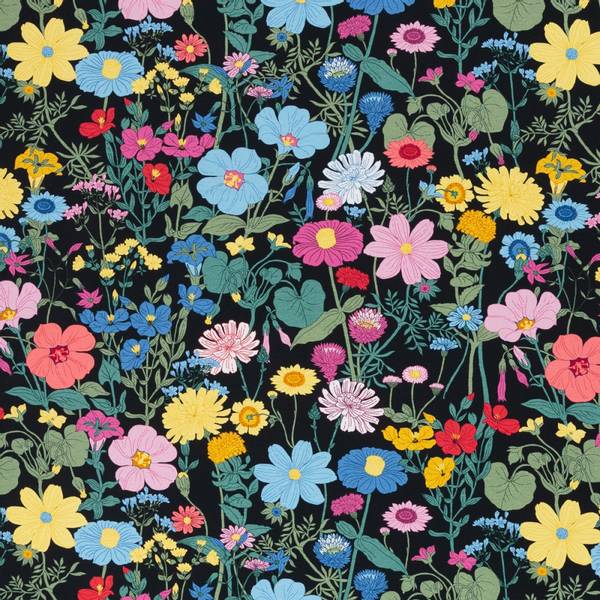 Bilde av Bomullsjersey - Flerfargete blomster på sort