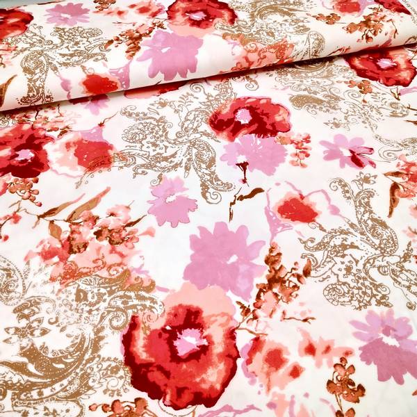 Bilde av Vevd viskose - rød-rosa blomster på hvit