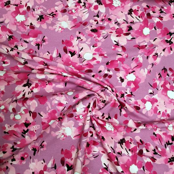 Bilde av Bomullsjersey - rosa vannmaling blomster på cerise