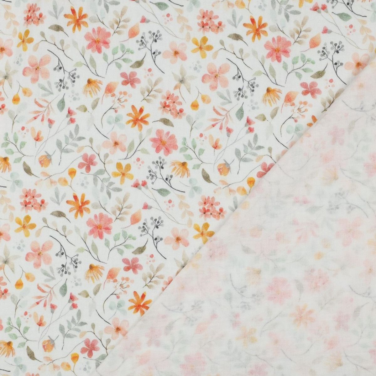 Musselin - oransje blomster på hvit