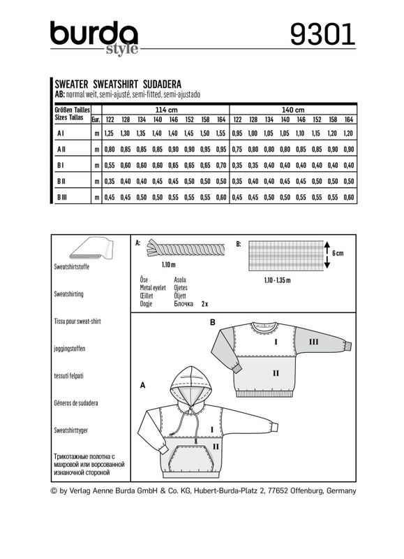9301 - Burda - sweatshirt/ genser m inndeling