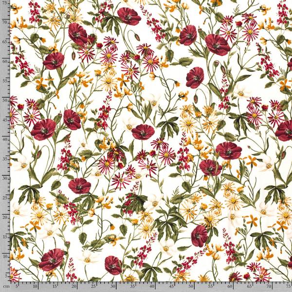 Bilde av Vevd viskose - rød/oransje blomster på offwhite