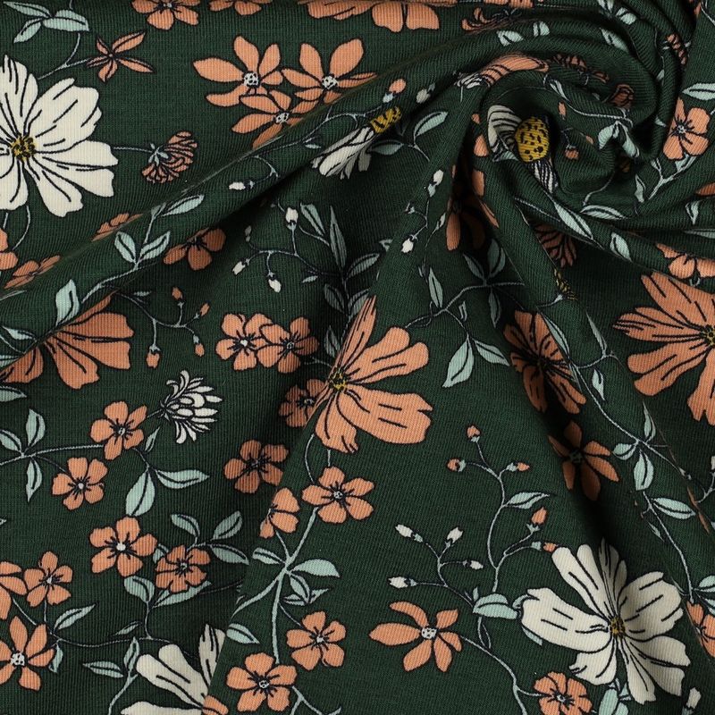 90 cm Bomullsjersey - blomster på mørkgrønn