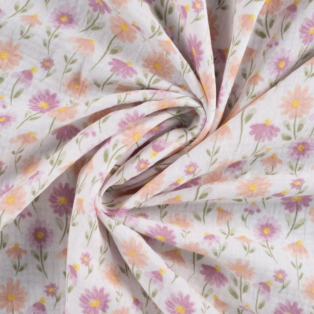 Musselin - blomster på hvit