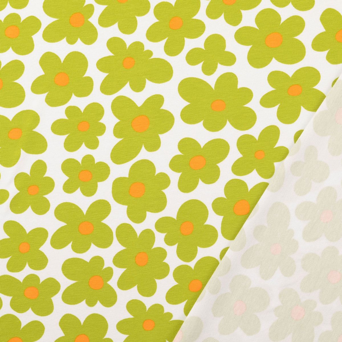 Bomullsjersey - retroblomster, lysgrønn