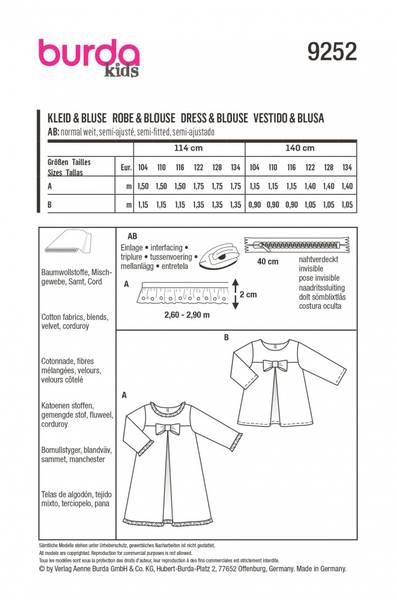 Bilde av 9252 - Burda - kjole m/ sløyfe