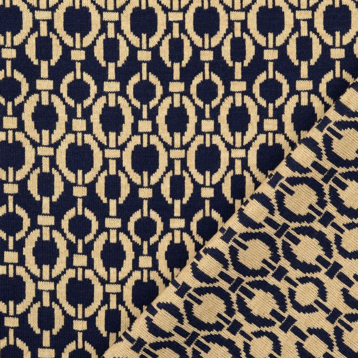 Doubleface strikkjacquard - blå-sand