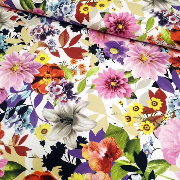Bilde av Bomullsjersey - flerfarget blomster på hvit
